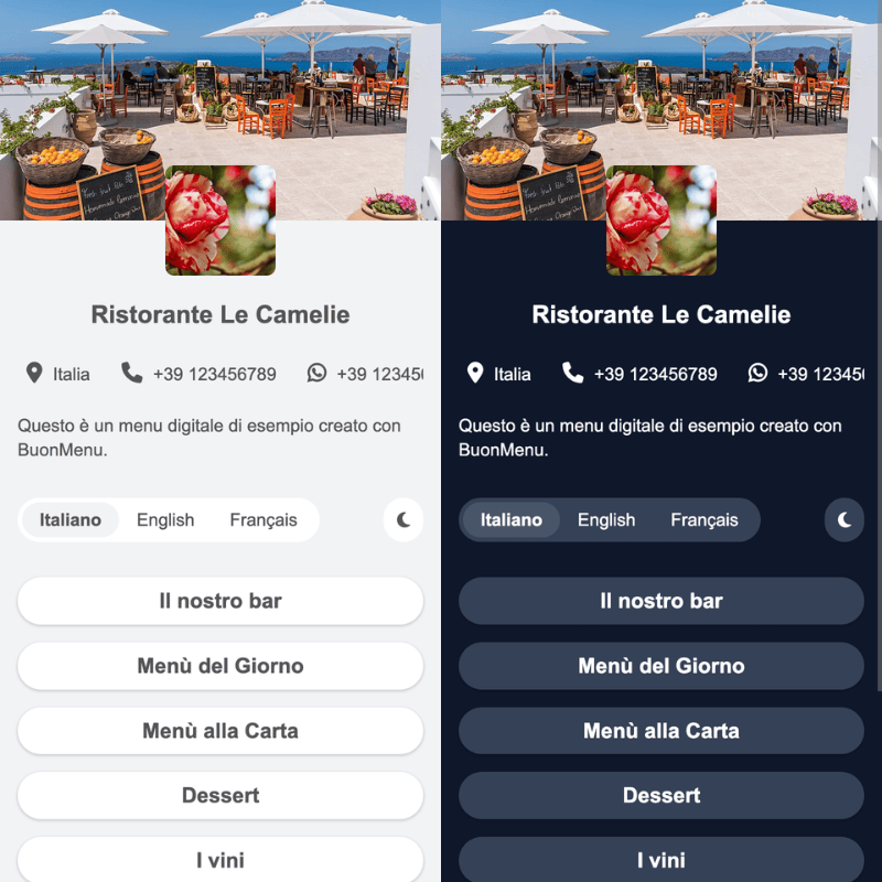 Digital menu shown in light mode and dark mode