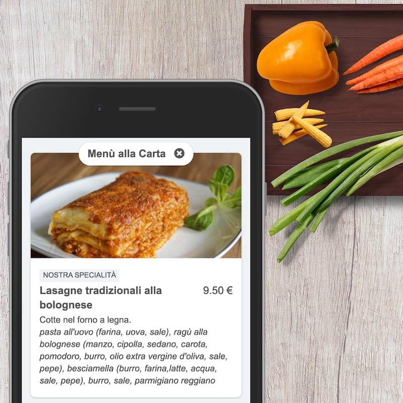 Digital menu on smartphone with the description of a dish and its ingredients