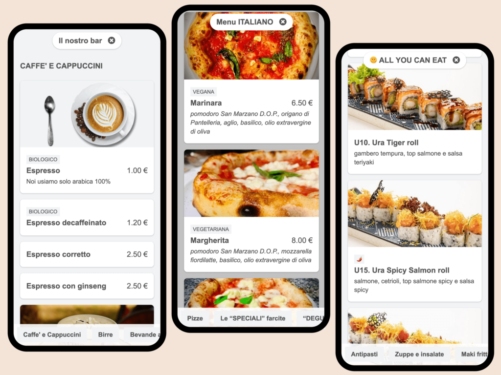 Esempi di menu digitali: bar, pizzeria, sushi