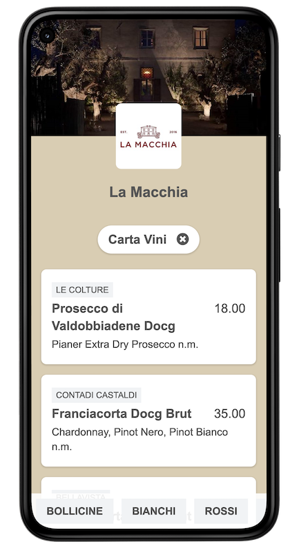 Menu su smartphone esempio (carta dei vini)