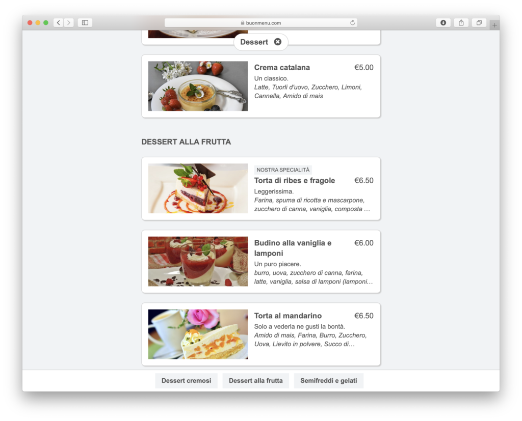 Online menu on desktop