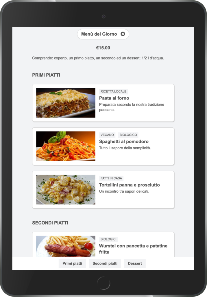 Restaurant menu on tablet