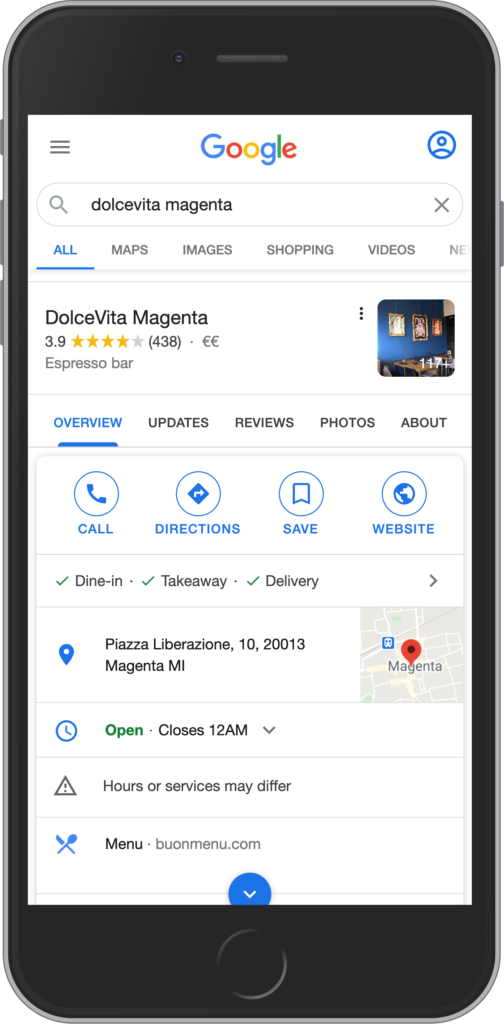 Restaurant with menu link on Google