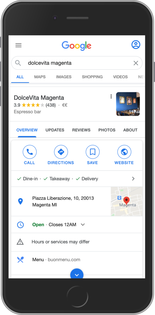 Ristorante con link al menu su Google