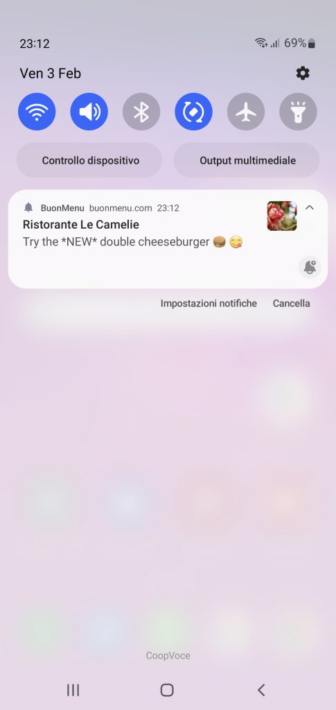 Screenshot: notifica del ristorante