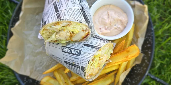 300G CHICKEN WRAP, CAESAR DRESSING, BACON, FRENCH FRIES