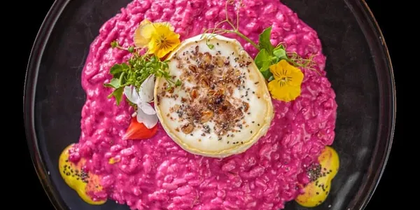 250g beetroot risotto with goat cheese and nuts