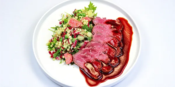beef rump steak with mizuna and chicory,