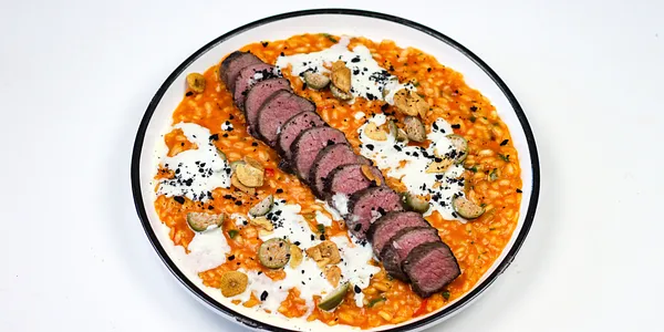 tomato risotto and aged beef rump steak,