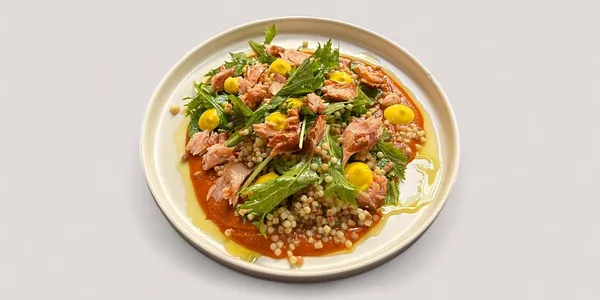 lightly smoked salmon and fregola salad
