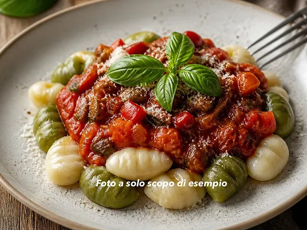 Gnocchi di patate bicolore con ragù di verdure e ricotta salata