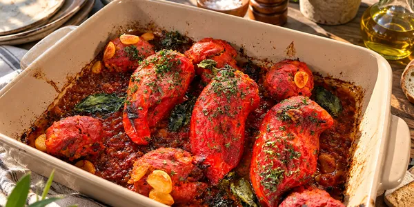 250g Plnená paprika s teľacím mäskom, domáca zemiaková knedľa a paradajková omáčka