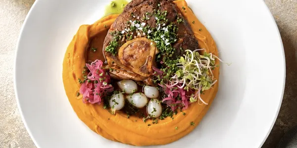 Veal osso buco with sweet potato coconut puree