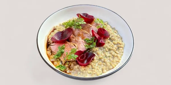 pork Tenderloin with Mushroom Barley Risotto,