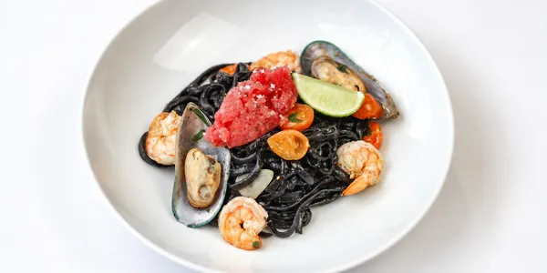 sepia linguine with prawns and mussels,