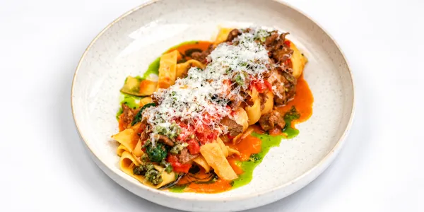 tagliatelle with beef rump and green salsa,