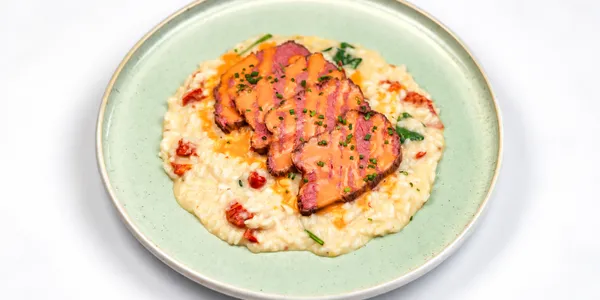 risotto with semi dried tomatoes and beef rump,