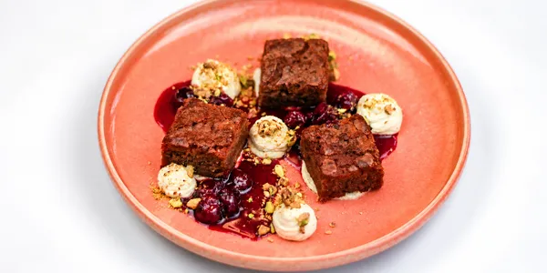 chocolate cake with pistachio créme fraîche,