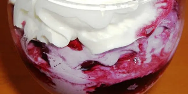 COPPA DI GELATO CON SALSA MIRTILLI CALDI E PANNA MONTATA